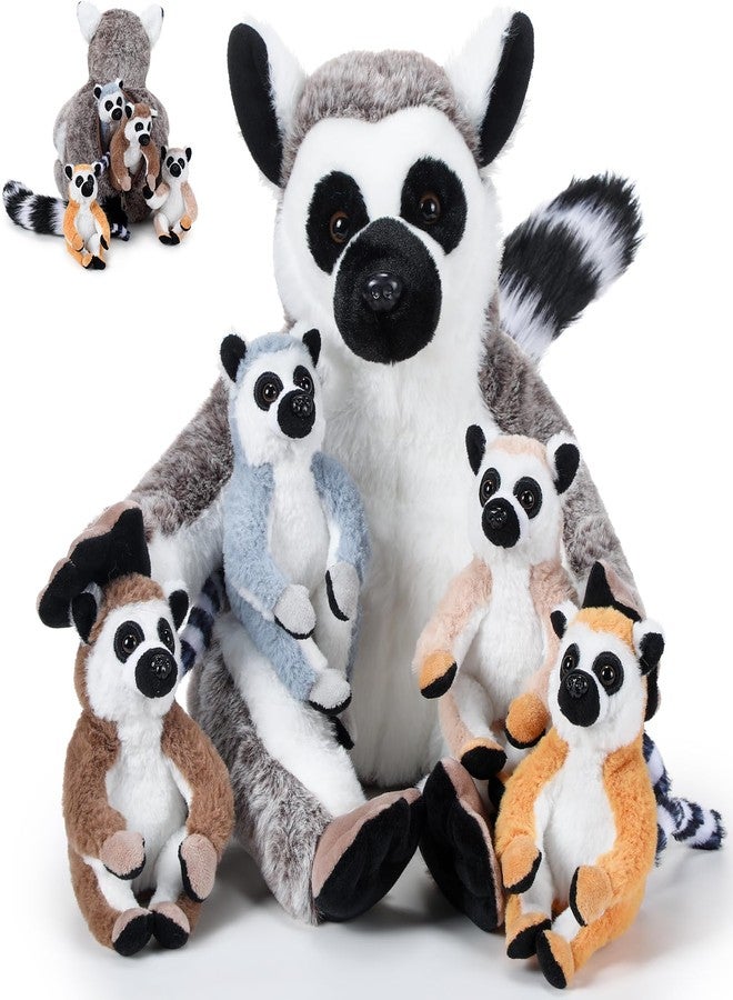 RoundFunny 5 Pcs Lemur Stuffed Animal Set Mommy Lemur Plush with 4 Cute Babies in Her Tummy Soft Cuddly Plush Toys for Boys Girls Birthday Gifts Baby Shower Woodland Party Decor - Image 1
